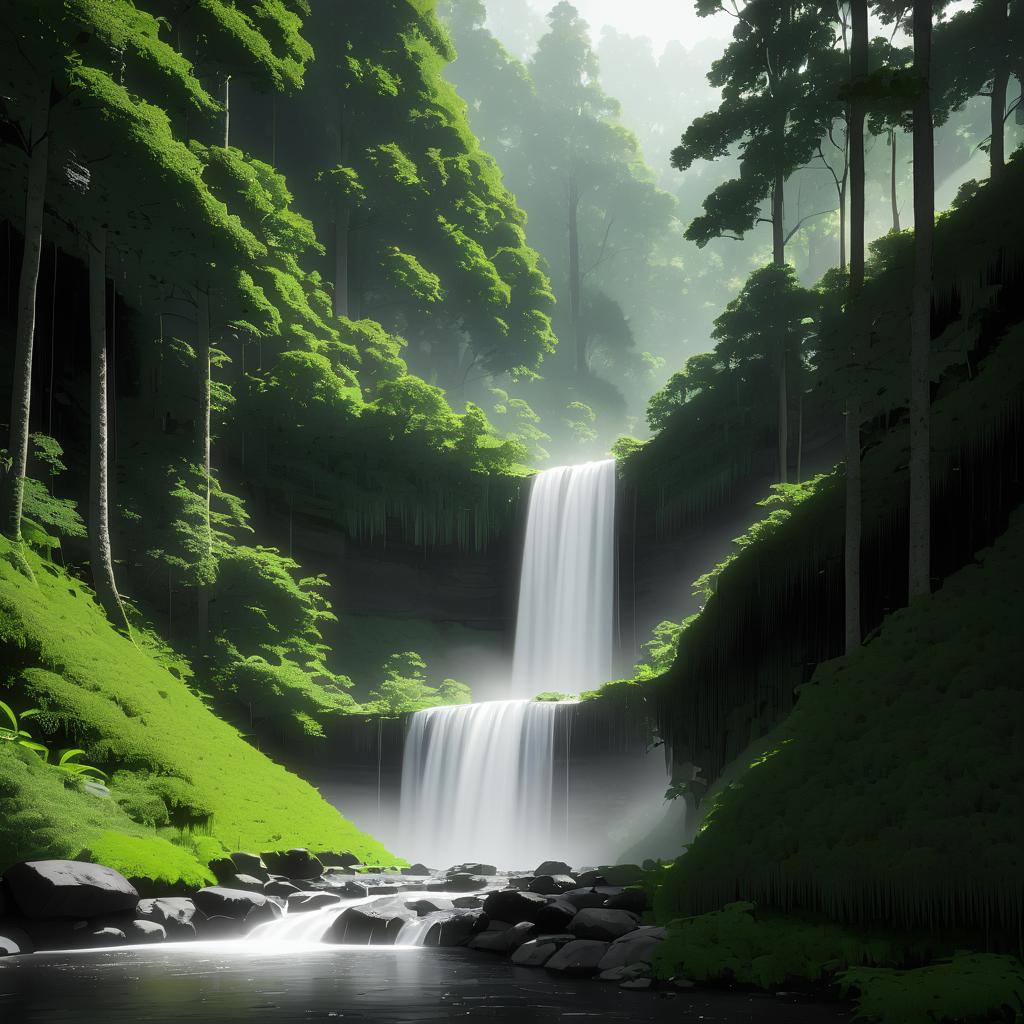 Misty Morning Waterfall Gorge Scene