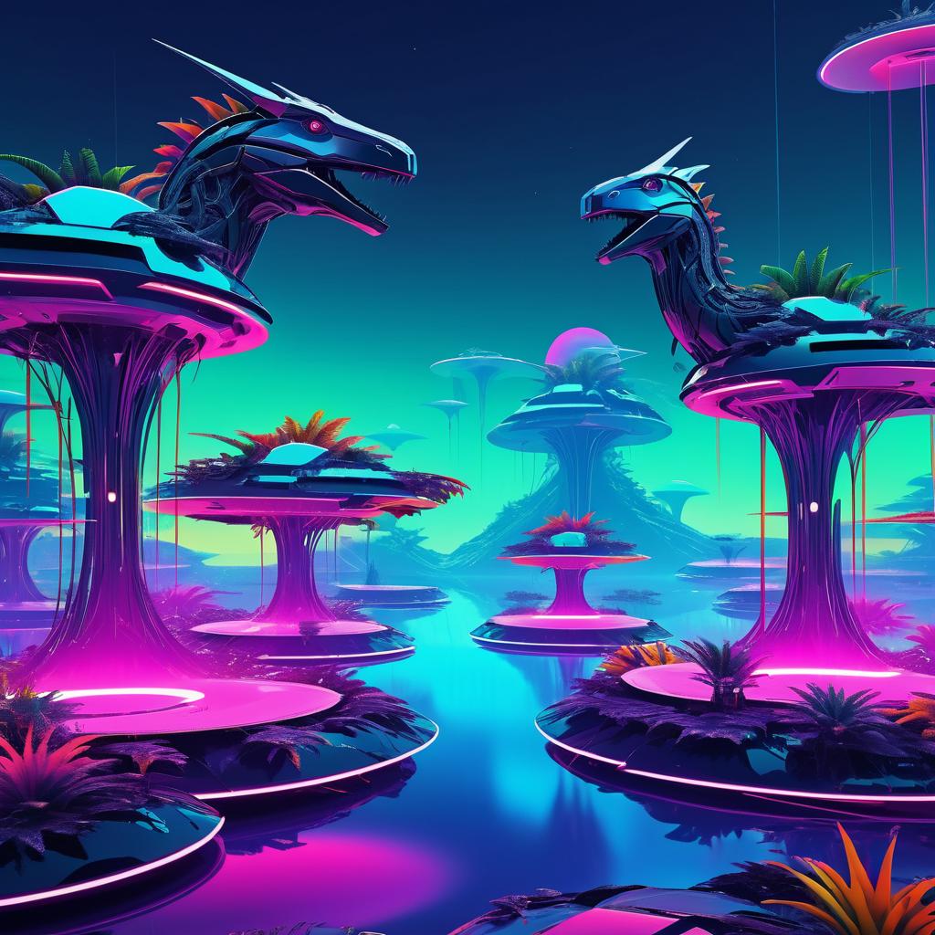 Futuristic Robotic Dinosaurs on Floating Islands