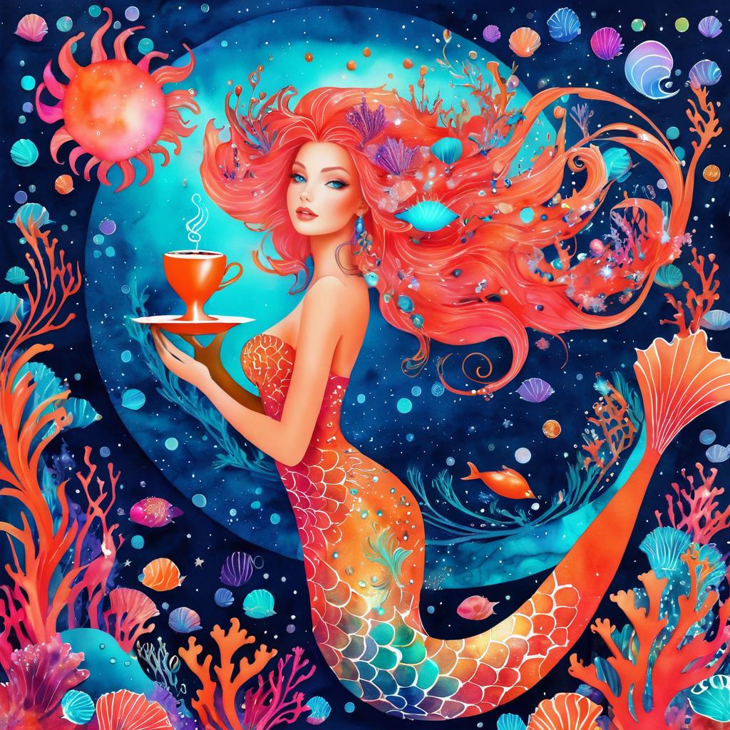 Vibrant Coffee Mermaid in Coral Reef