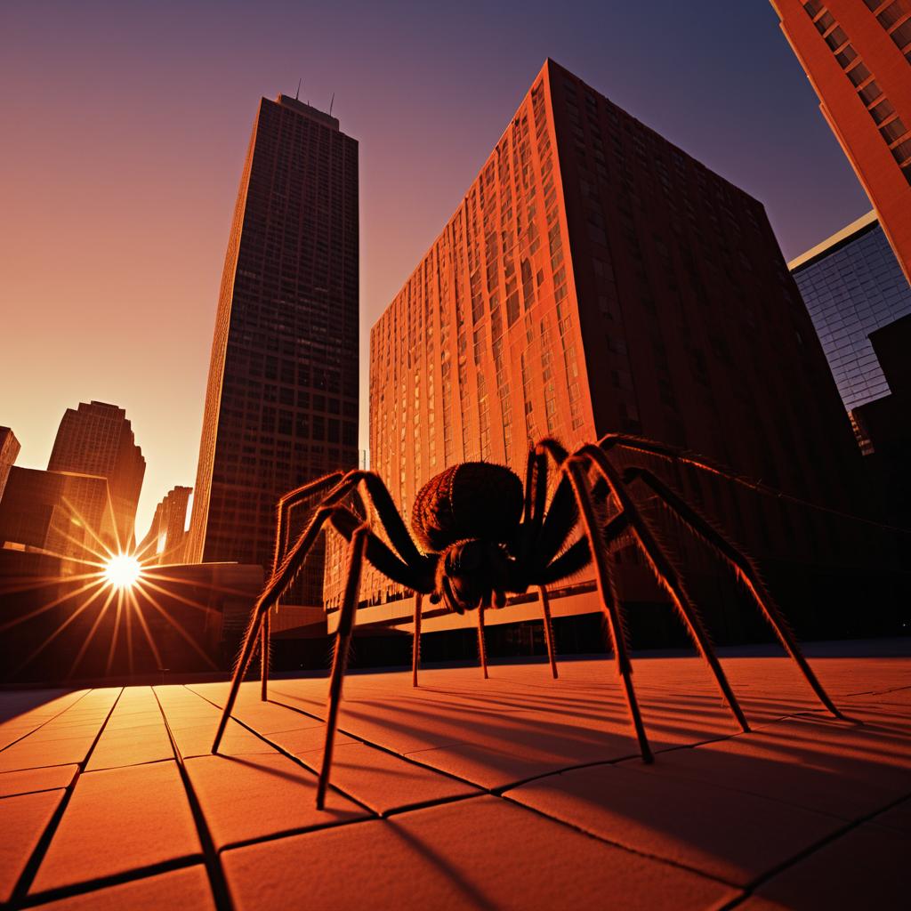 Giant Spider at Sunset on Skyscraper