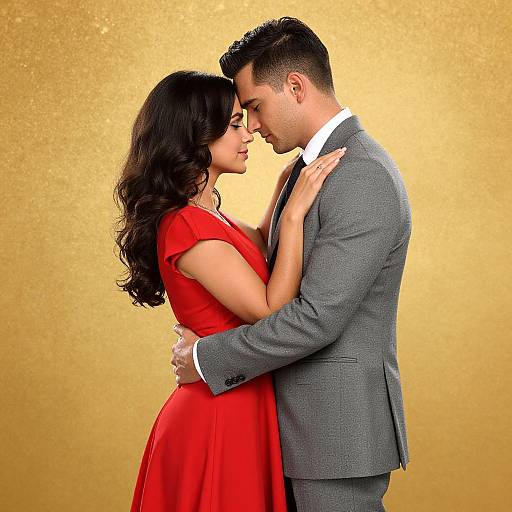 Photograph of a couple in a passionate embrace against a golden background. The woman wears a red dress, the man a gray suit, both with dark