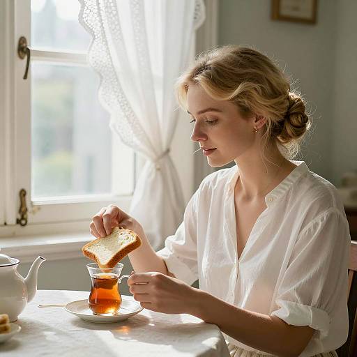 Sunlit Woman at Table with Tea