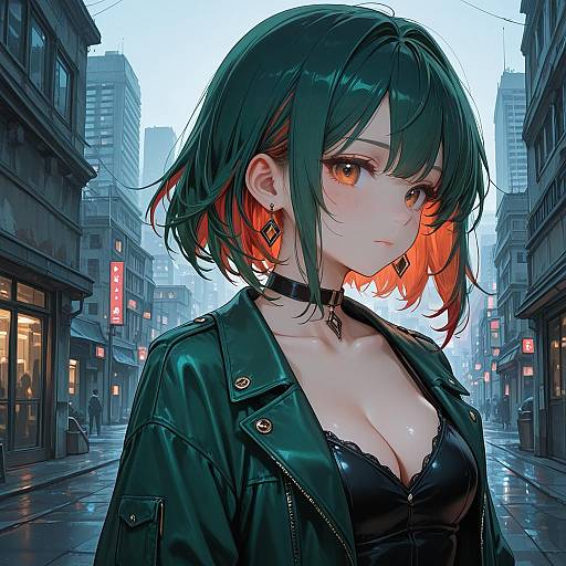 Anime Girl with Two-Tone Hair in Urban Setting