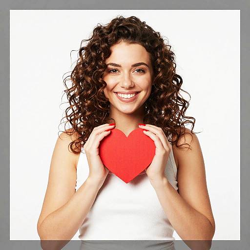 Photograph of a smiling woman with curly brown hair, holding a red heart against a white background, wearing a white sleeveless top.