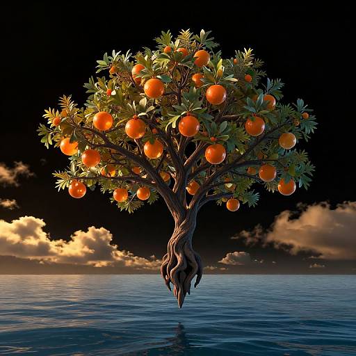 Photorealistic CGI of a floating orange tree with vibrant oranges and green leaves, set against a dark sky with golden clouds and calm ocean below.