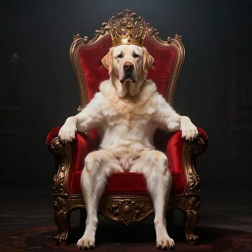 Photograph of a Golden Retriever sitting regally on an ornate, red velvet throne with a gold crown, against a dark background.