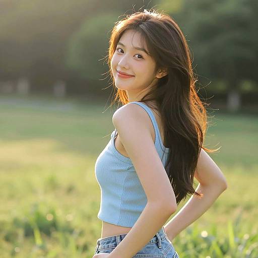 Smiling Young Woman in Sunlit Field
