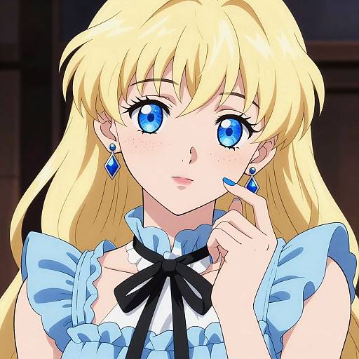 Digital anime-style drawing of a blonde woman with large blue eyes, wearing a blue frilled dress with a black ribbon, blue earrings, and blue nail