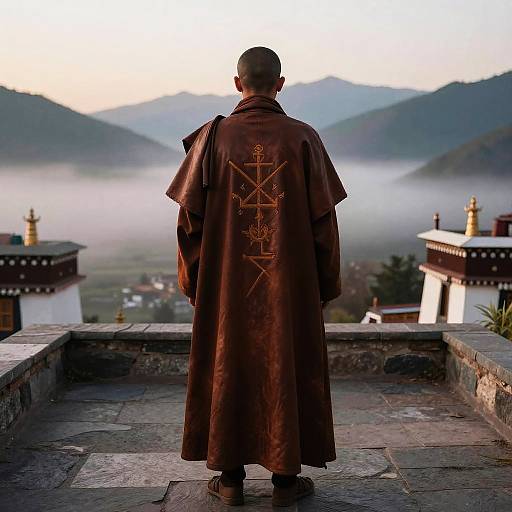 Photograph of a Buddhist monk with shaved head, facing away, wearing a brown robe with intricate embroidery, standing on a stone terrace overlooking misty mountain