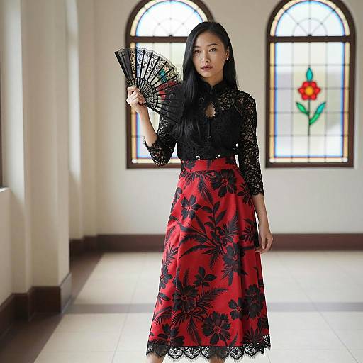 Elegant Asian Woman with Floral Skirt