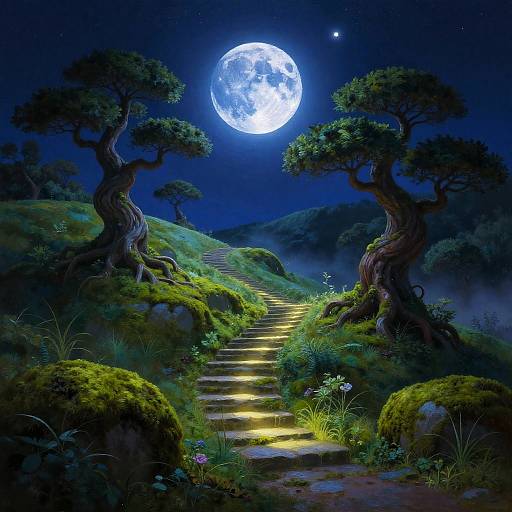 Mystical Moonlit Mossy Woodland Staircase
