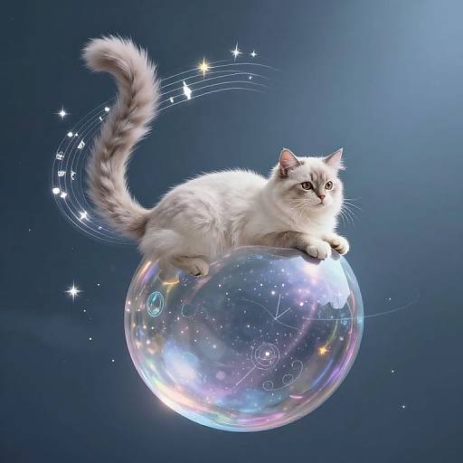 Photorealistic digital artwork of a fluffy white cat with blue eyes sitting on a glowing, iridescent bubble against a dark blue cosmic background with sparkling