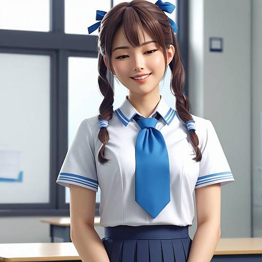 Digital anime-style photograph of a smiling young Asian girl in a white school uniform with blue ribbons, bow tie, and skirt. Background features bright windows