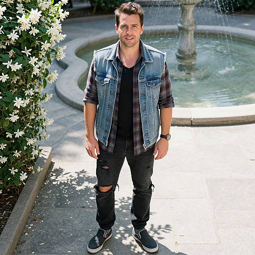 Photograph of a handsome man with short brown hair, wearing a denim vest, black shirt, ripped jeans, and black sneakers, standing in front of