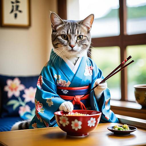 Cat in Kimono with Food Scene