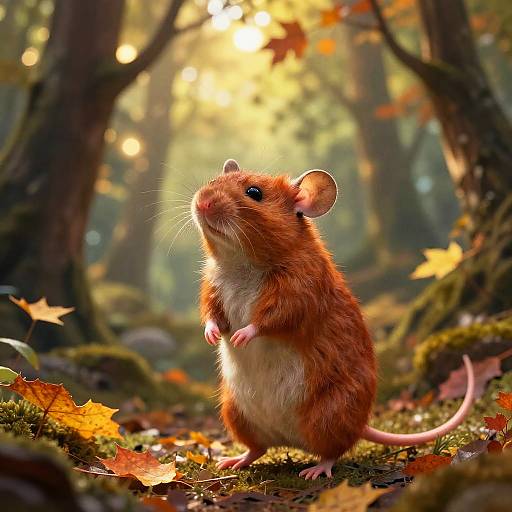 Photorealistic CGI of a cute, red-brown mouse standing on its hind legs in a sunlit, autumn forest with vibrant leaves and moss-covered