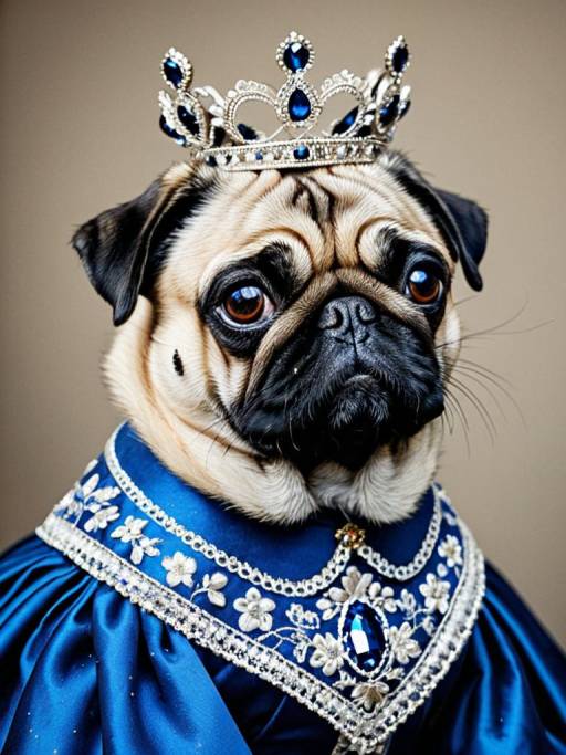 Pug in Royal Blue Dress and Crown