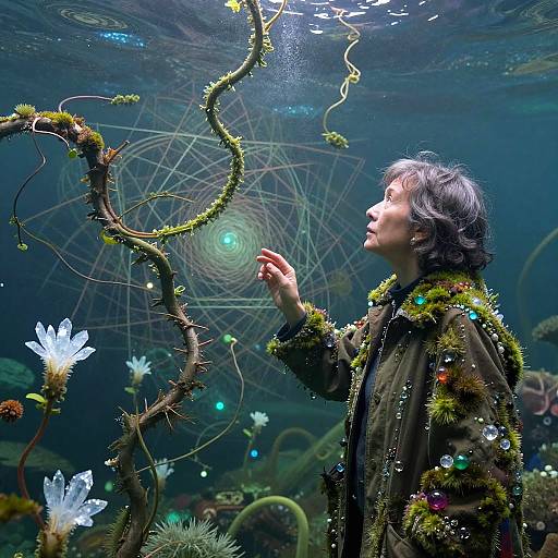 Botanist Merging Into Bioluminescent Vine Ocean