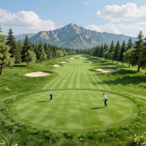 Photograph of a sunny golf course with two golfers on a green, surrounded by trees and sand traps, with majestic mountains in the background.
