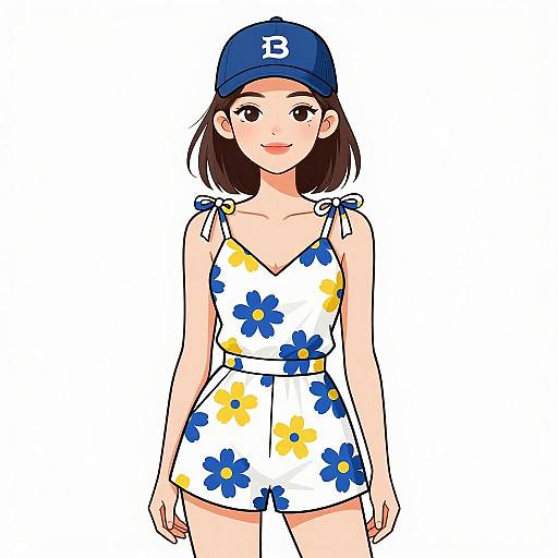 Digital anime-style illustration of a smiling woman with medium skin, black hair, wearing a blue baseball cap with 