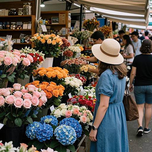 Photograph of a woman in a blue dress and straw hat browsing colorful flower stalls in a bustling market, surrounded by vibrant roses and hydrangeas.
