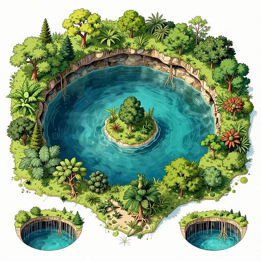 Top-down digital illustration of a circular, lush, tropical pond surrounded by various green trees and plants, with two smaller ponds at the bottom. Clear blue
