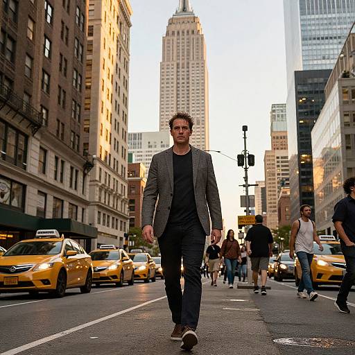 Photograph of a bearded man in a gray blazer and black shirt walking on a busy New York City street, surrounded by yellow taxis and tall