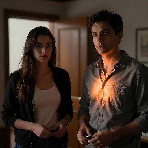 Photograph of a serious-looking young couple standing indoors, with a bright, eerie light illuminating the boy's chest. Both hold gaming controllers. Dim