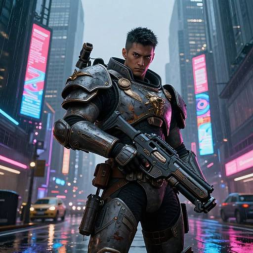 Cyberpunk street scene: muscular man in futuristic, armored suit holding gun, neon-lit skyscrapers, rain, serious expression, wet pavement