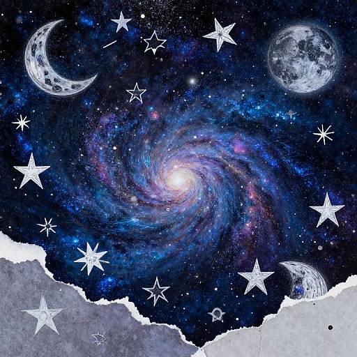 Digital artwork of a starry night sky with a glowing spiral galaxy, crescent moon, full moon, stars, and cloud borders.