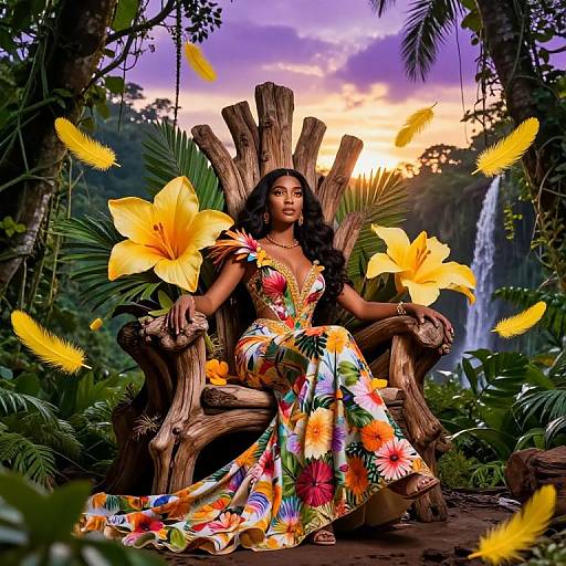 Photograph of a Black woman with long curly hair, wearing a colorful floral dress, sitting on a wooden throne in a lush jungle, surrounded by floating