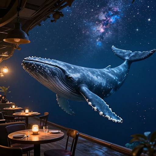 Photograph of a whimsical restaurant interior with a large, illuminated blue whale mural on a starry night sky wall, surrounded by warm-lit tables