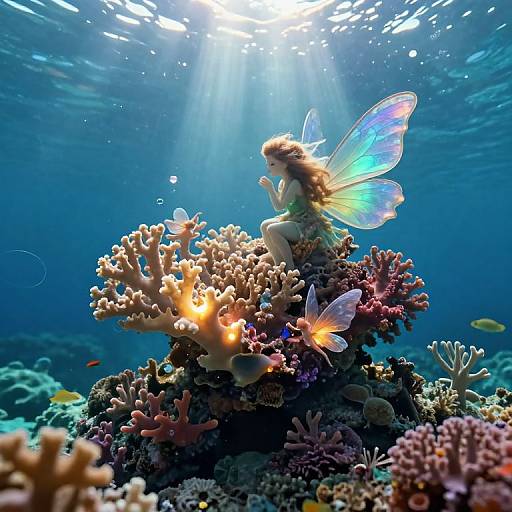 Photograph of a fairy with iridescent wings sitting on a colorful coral reef, bathed in sunlight filtering through the blue underwater ocean.