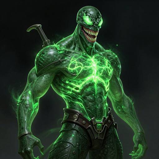 Digital artwork of a muscular, green, glowing-skinned monster with sharp teeth, neon green eyes, and glowing chest markings, wearing black pants, against