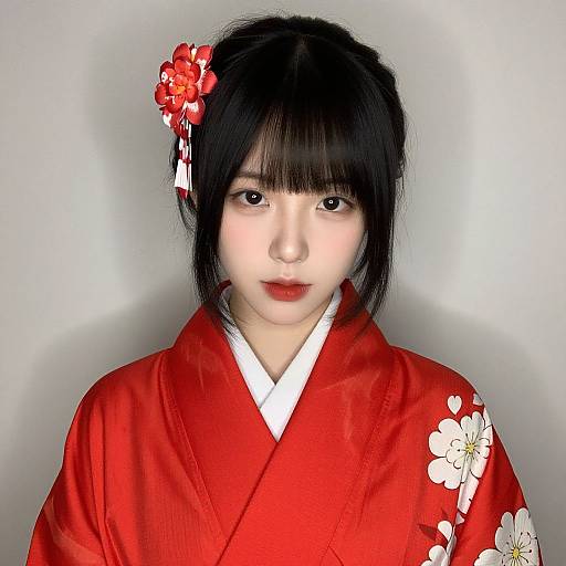 Photograph of an East Asian woman with fair skin, black hair adorned with a red flower, wearing a vibrant red kimono with white floral patterns,