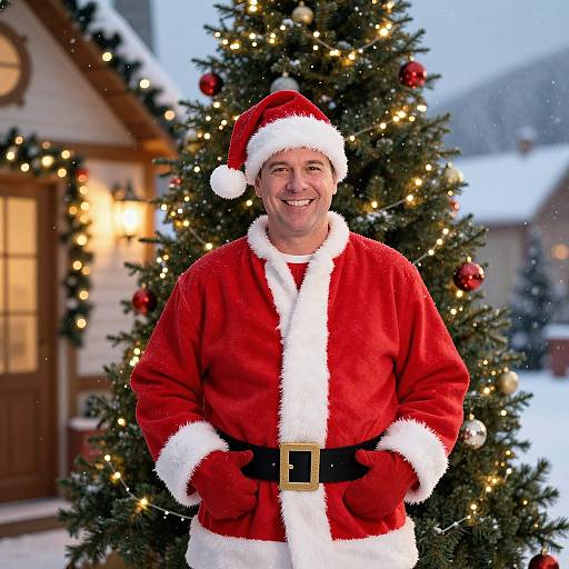 Photograph of a smiling middle-aged man in a red Santa Claus suit, standing in front of a decorated Christmas tree in a snowy, illuminated, cozy