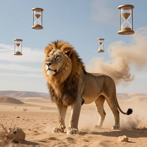 Photograph of a regal male lion with a full mane standing in a sandy desert, surrounded by three floating hourglasses and a plume of