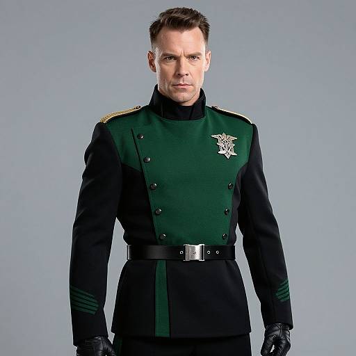 Photograph of a serious, short-haired man in a dark green and black military uniform with gold epaulettes, black belt, and gloves,