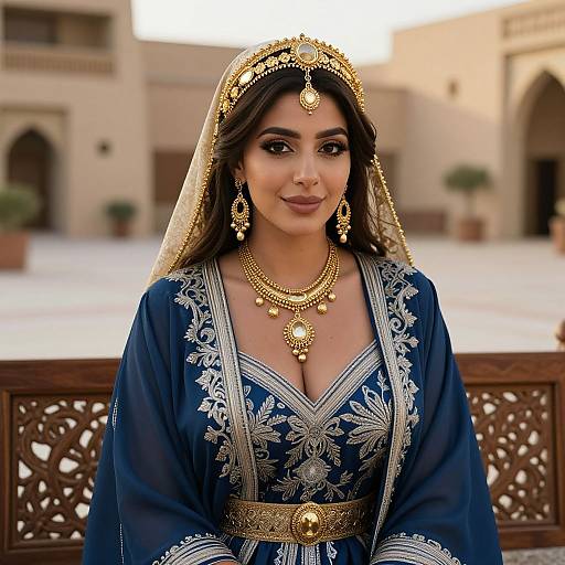 Photograph of a South Asian woman in traditional blue and gold embroidered attire with a veil, gold jewelry, and dark hair, standing in a courtyard with