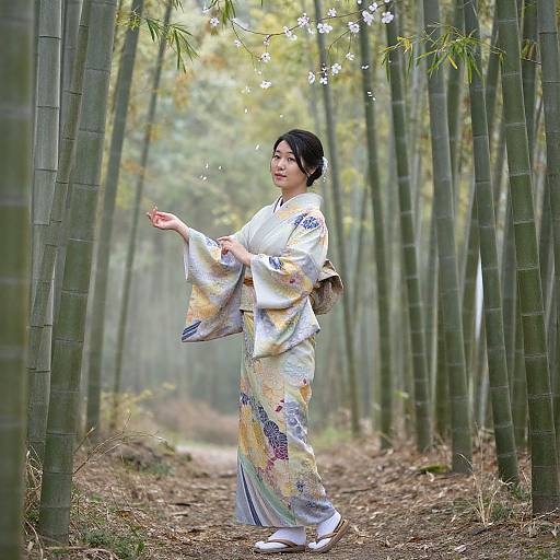 Asian woman in traditional white kimono with colorful patterns, stands in bamboo forest, gently releasing white flowers into the air. Photographic image.