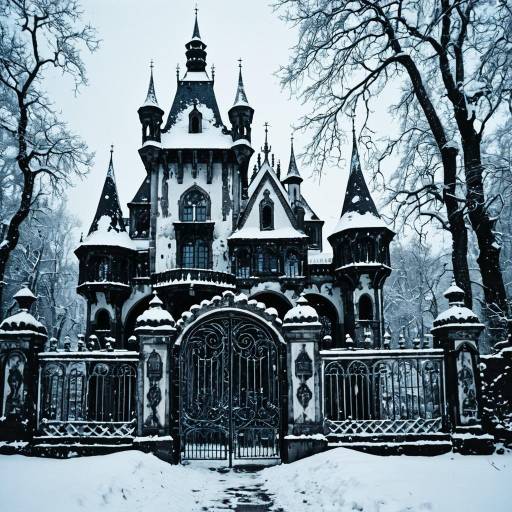Snow Covered Gothic Castle with Wrought Iron Gates