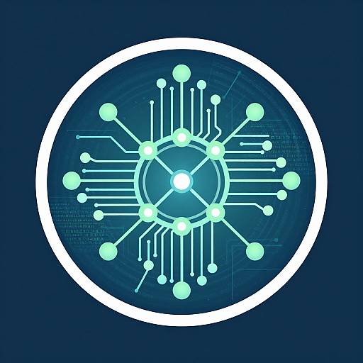 Digital abstract art: glowing blue circuit diagram with neon dots and lines in a white circular frame on a dark blue background.