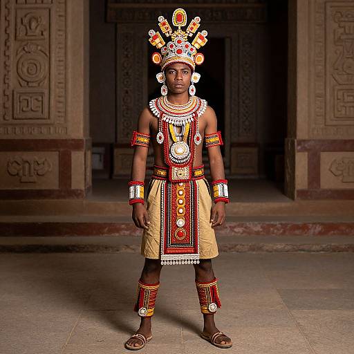 Photograph of a young African boy in traditional Indian-style ceremonial attire, standing in a dimly lit, intricately carved stone building. He wears vibrant