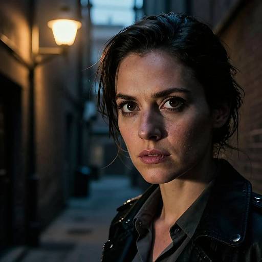 Photograph of a serious young woman with dark hair in an alley at night, illuminated by a yellow street lamp.