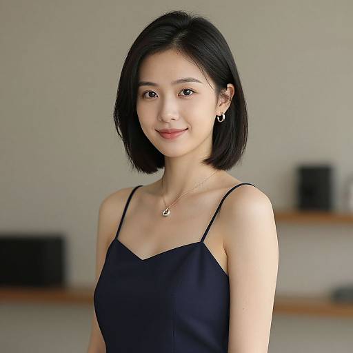 Photograph of a young Asian woman with straight black bob haircut, wearing a black spaghetti-strap top, small silver necklace, and hoop earrings, smiling