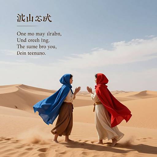 Photograph of two women in desert, one in blue hooded cloak, one in red, facing each other, with Arabic text and English quote.