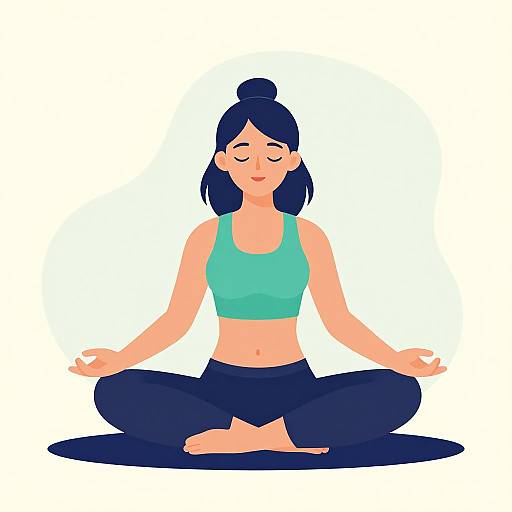 Digital illustration of a smiling woman with dark blue hair in a bun, wearing a green sports bra and black pants, meditating in a lotus position