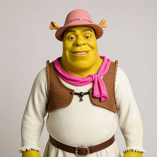 Photograph of a smiling, yellow-skinned, cartoonish character wearing a pink hat with ears, brown vest, white shirt, pink scarf, and