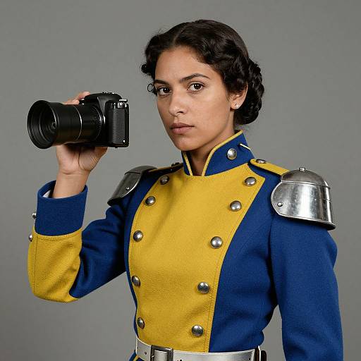 Photograph of a dark-haired woman in a yellow and blue military-style uniform with silver shoulder plates, holding a camera to her eye. Grey background.