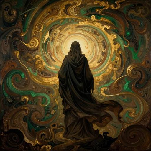 Mysterious Figure Amidst Swirling Spirals